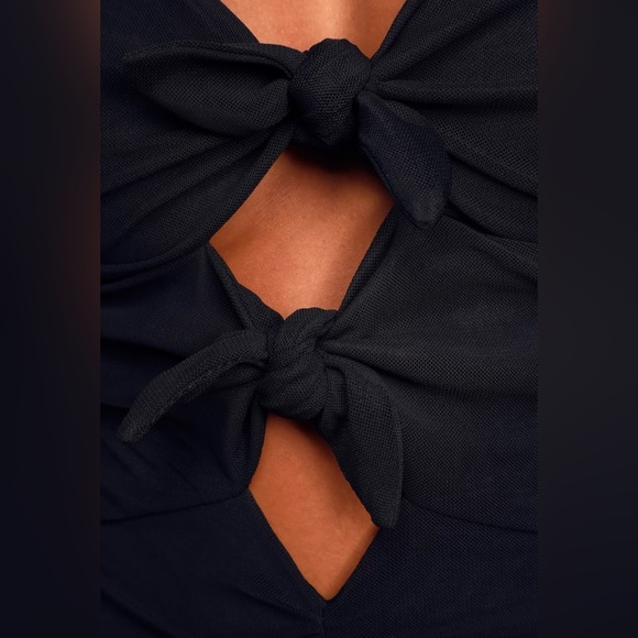 LuLus Eye On Me Black Mesh Tie-Front Ruched Bodysuit (MEDIUM) - Picture 4 of 10